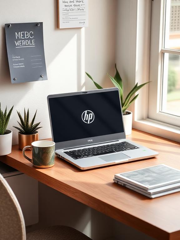 HP Pavilion 15 on a student desk with coffee and notebooks, cozy budget-friendly study environment, bright daylight