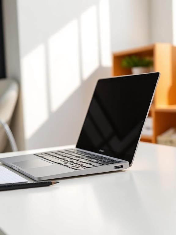 Microsoft Surface Laptop 5 with stylus on a modern student desk with notebook, bright daylight, clean minimal study setup