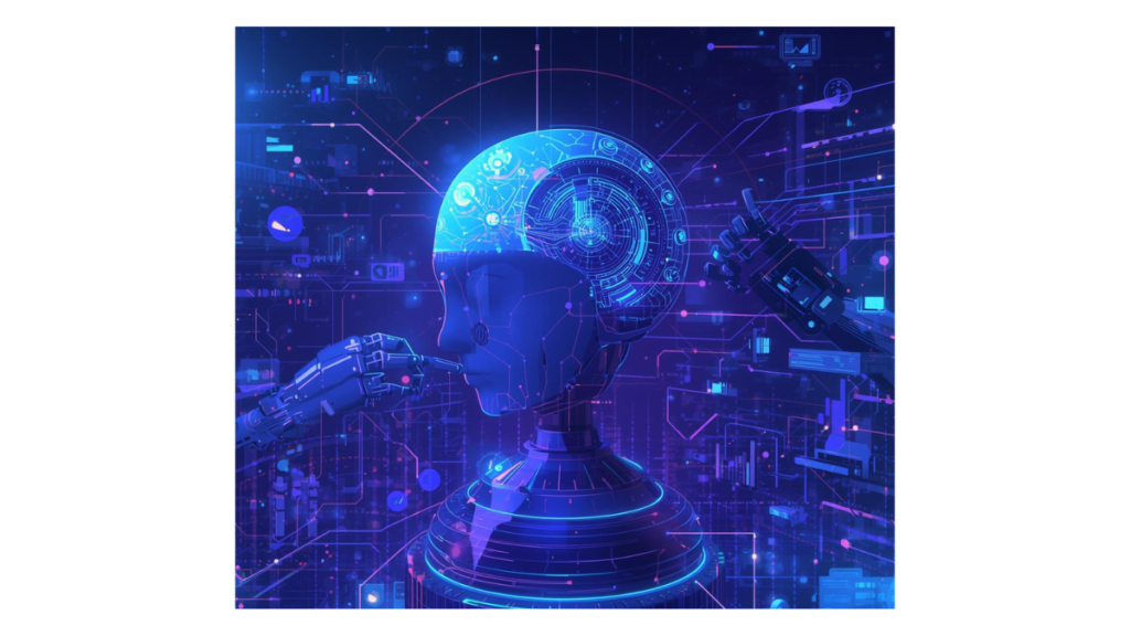 A futuristic artificial intelligence illustration featuring smart robots, AI brain, digital networks, automation, and glowing data lines. Blue and purple tones, innovative and modern digital art style, clean background, professional look, high resolution, no text, suitable for future AI section.