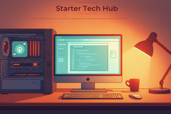 A beginner-friendly workspace with a desktop computer, visible hardware parts subtly highlighted and software running on the screen, warm lighting, realistic yet simple style, technology learning environment