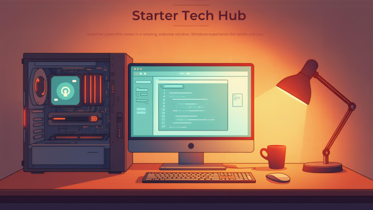 A beginner-friendly workspace with a desktop computer, visible hardware parts subtly highlighted and software running on the screen, warm lighting, realistic yet simple style, technology learning environment