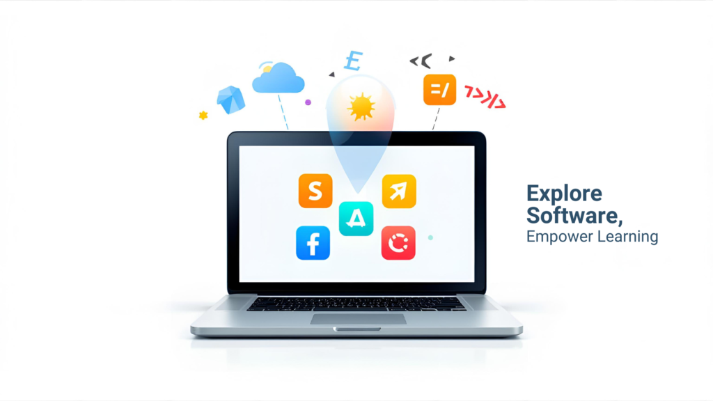 A modern digital illustration representing software with app icons, code symbols, cloud icons, and operating system interface displayed on a laptop screen, simple and friendly style, bright colors, technology education concept