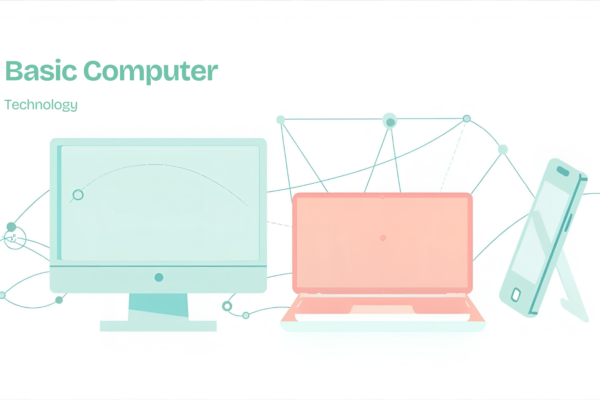 A clean and simple illustration showing basic computer technology elements including a desktop computer, laptop, smartphone, and tablet connected through digital lines, modern flat design, soft colors, beginner technology education theme, white background, high resolution