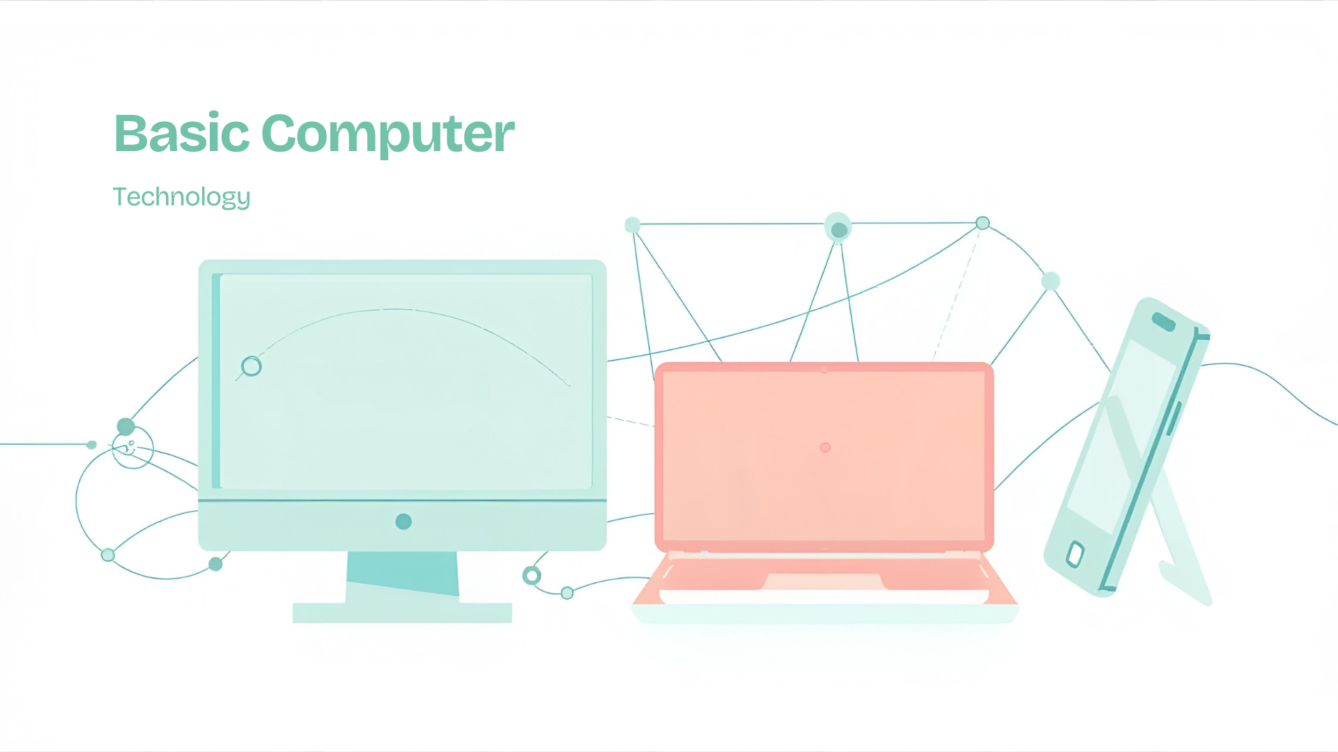 A clean and simple illustration showing basic computer technology elements including a desktop computer, laptop, smartphone, and tablet connected through digital lines, modern flat design, soft colors, beginner technology education theme, white background, high resolution