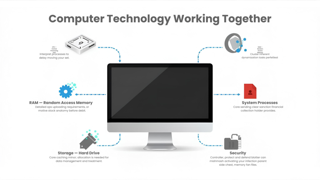 A visual concept of computer technology working together, showing hardware components, software icons, and data flow symbols around a computer screen, easy-to-understand infographic style, minimal and educational design