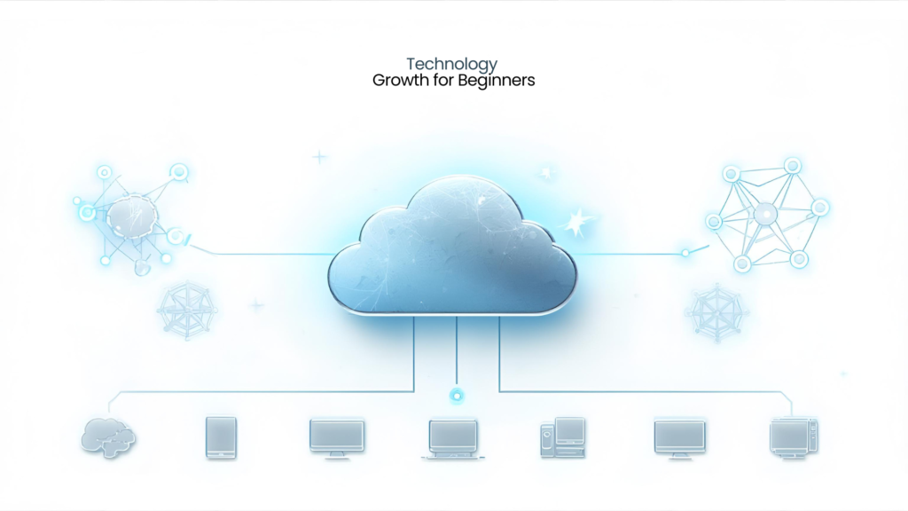 A simple futuristic illustration showing AI, cloud computing, and digital network icons connected to computers, clean and minimal style, technology growth concept for beginners