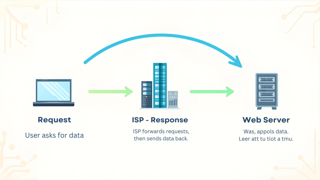 A visual diagram explaining data transfer on the internet, showing request and response flow between user device, ISP, and web server, clean infographic style, easy explanation for beginners
