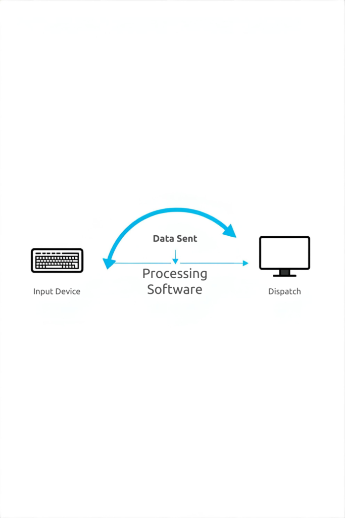 imple diagram illustration showing digital data flow from input device to processing software and output screen, arrows explaining the process, modern flat design, clear and educational style for beginners