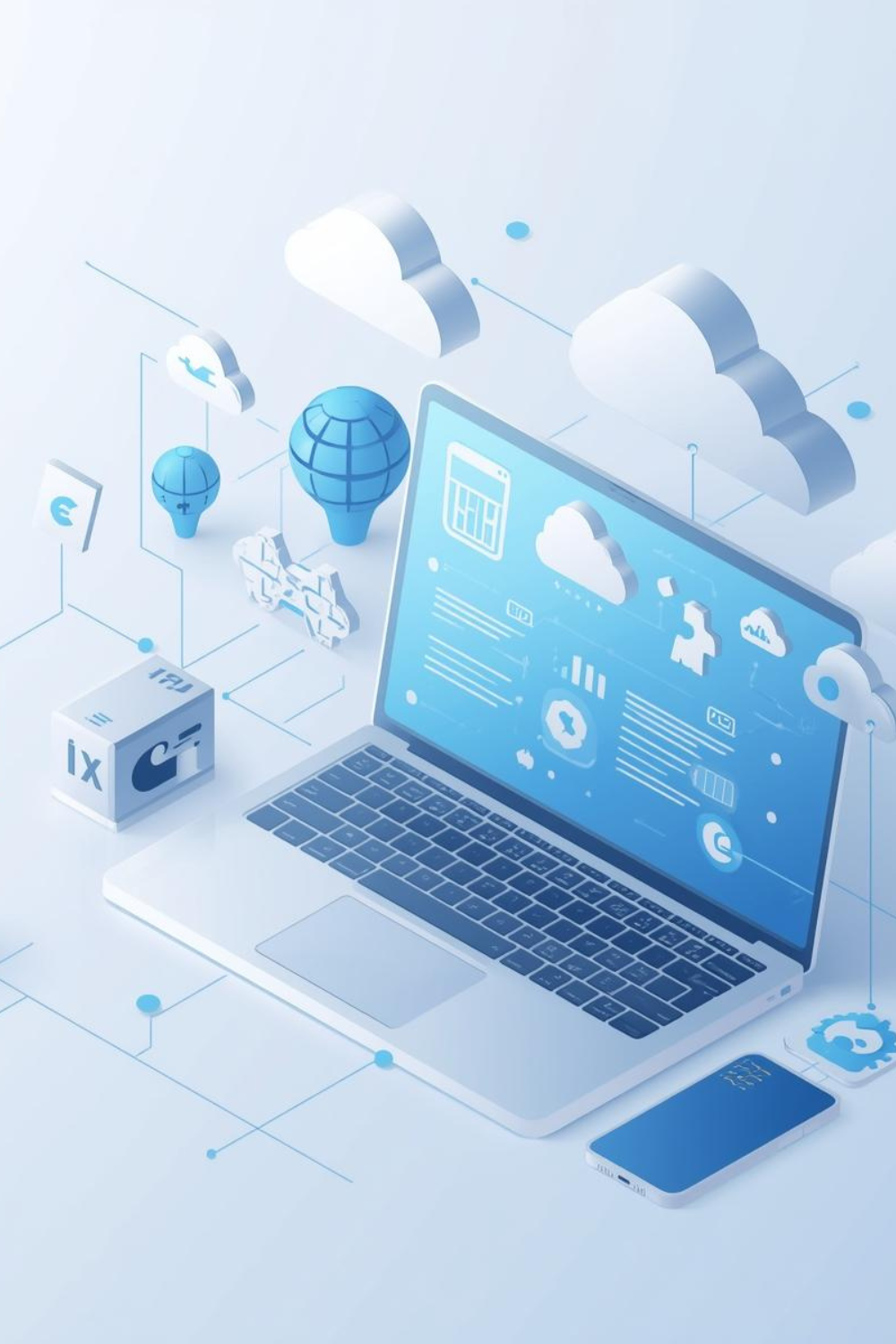 A modern, clean technology concept illustration showing a beginner-friendly scene, including a laptop, smartphone, cloud icons, AI symbols, internet globe, gears, and digital connections. Minimal flat design style, soft blue and white color palette, bright lighting, professional and educational look, no text on image, suitable for technology blog header, high resolution, realistic yet simple visuals.