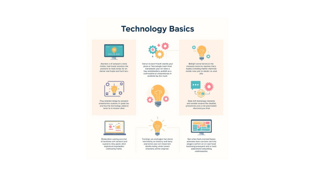 A simple flat-style illustration explaining technology basics with icons like computer, gears, light bulb, data flow, and digital screens. Clean layout, soft pastel colors, easy-to-understand visuals, educational and beginner-focused design, high quality, no text, perfect for technology basics section.