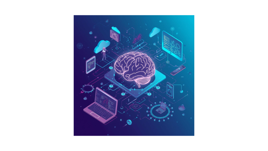 futuristic technology illustration featuring artificial intelligence brain, cloud computing, digital networks, and smart devices. Blue and purple tones, modern and innovative feel, clean background, professional digital art style, high resolution, no text, suitable for future technology section.