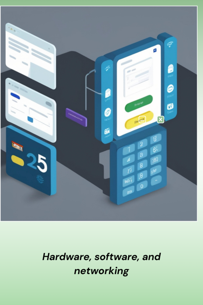 An isometric illustration representing information technology systems including hardware, software, networking, and data management icons. Simple flat design, light pastel colors, organized layout, easy-to-understand visuals, educational look, high quality, no text.