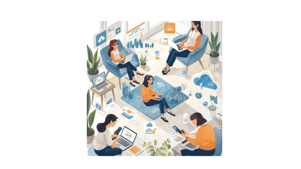 A realistic illustration showing information technology in daily life with people using laptops, smartphones, online banking, e-learning platforms, and cloud services. Modern indoor setting, natural lighting, clean composition, beginner-friendly style.