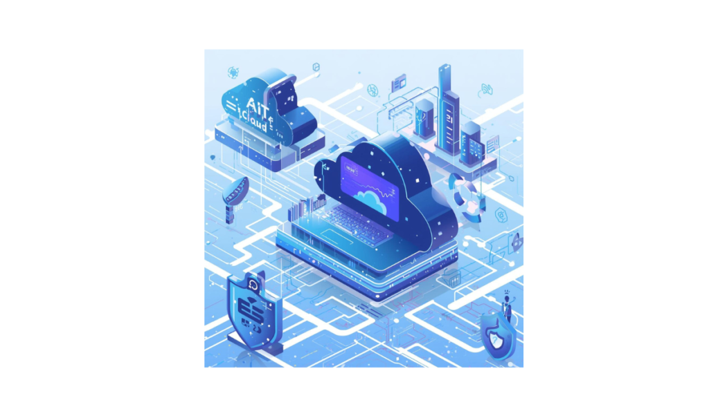 A modern futuristic illustration featuring artificial intelligence, cloud computing, cyber security shields, and digital data networks. Blue and purple tones, innovative and professional digital art style, clean background, high resolution, no text, suitable for future IT section.