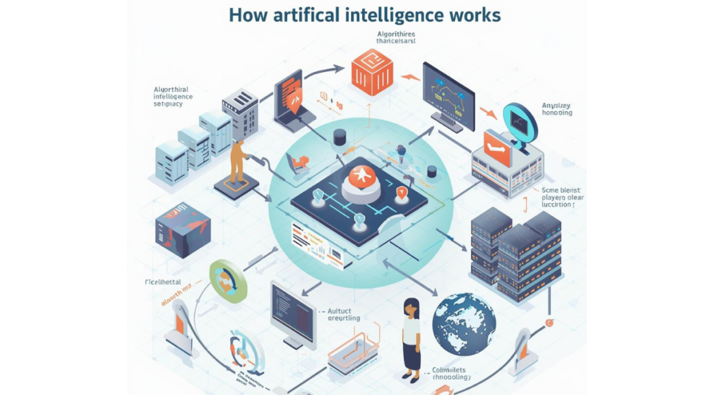 An isometric illustration explaining how artificial intelligence works, showing data flow, algorithms, machine learning process, and smart computer systems. Simple flat design, easy-to-understand visuals, light pastel colors, educational and beginner-friendly style, high quality, no text.