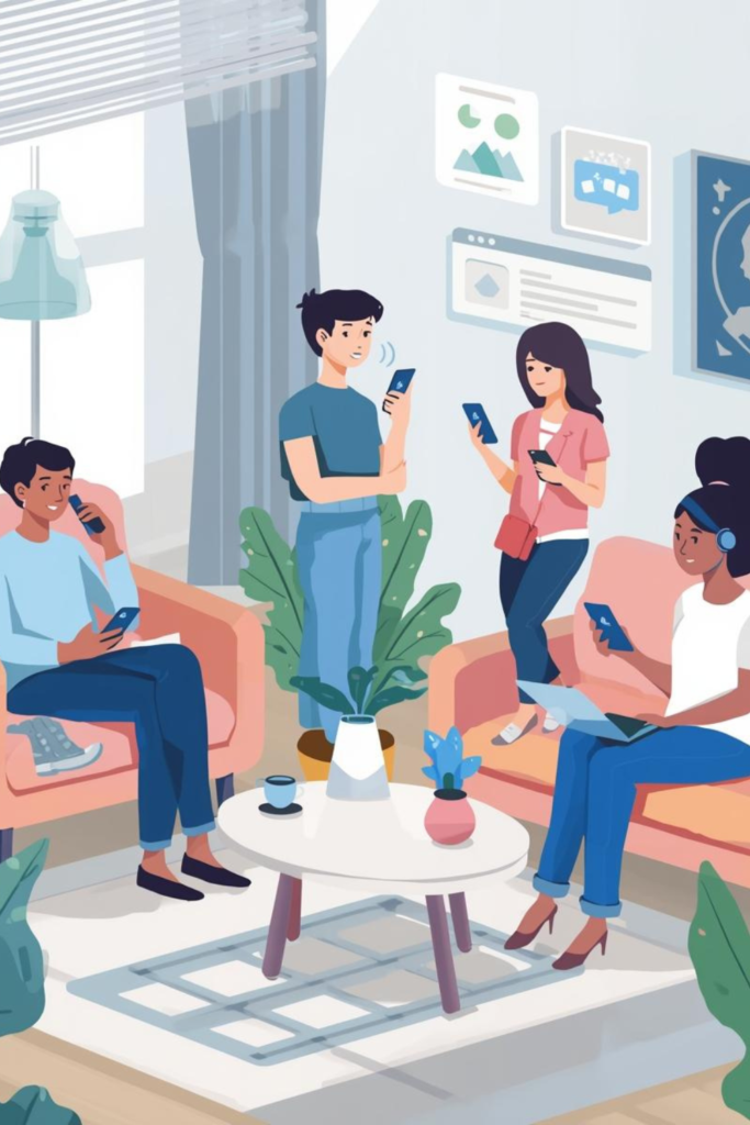 A realistic illustration of artificial intelligence in daily life showing people using smartphones, voice assistants, smart recommendations, navigation apps, and AI-powered devices. Modern lifestyle setting, natural lighting, clean composition, beginner-friendly visuals, high resolution, no text.