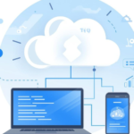 Cloud computing concept illustration showing devices connected to online cloud services