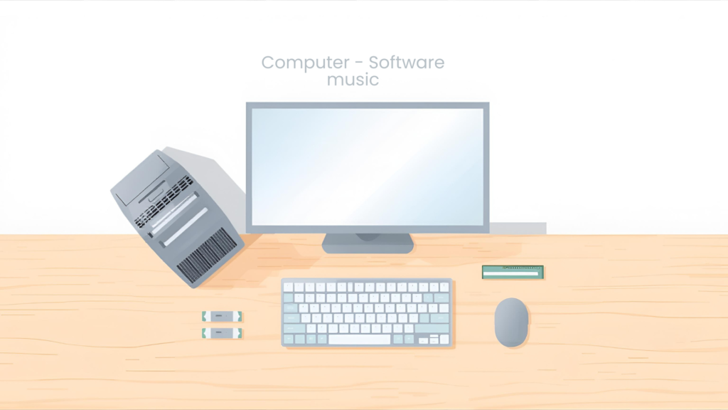 Computer hardware components including CPU, motherboard, RAM, hard drive, keyboard, mouse, and monitor arranged on a modern desk setup.