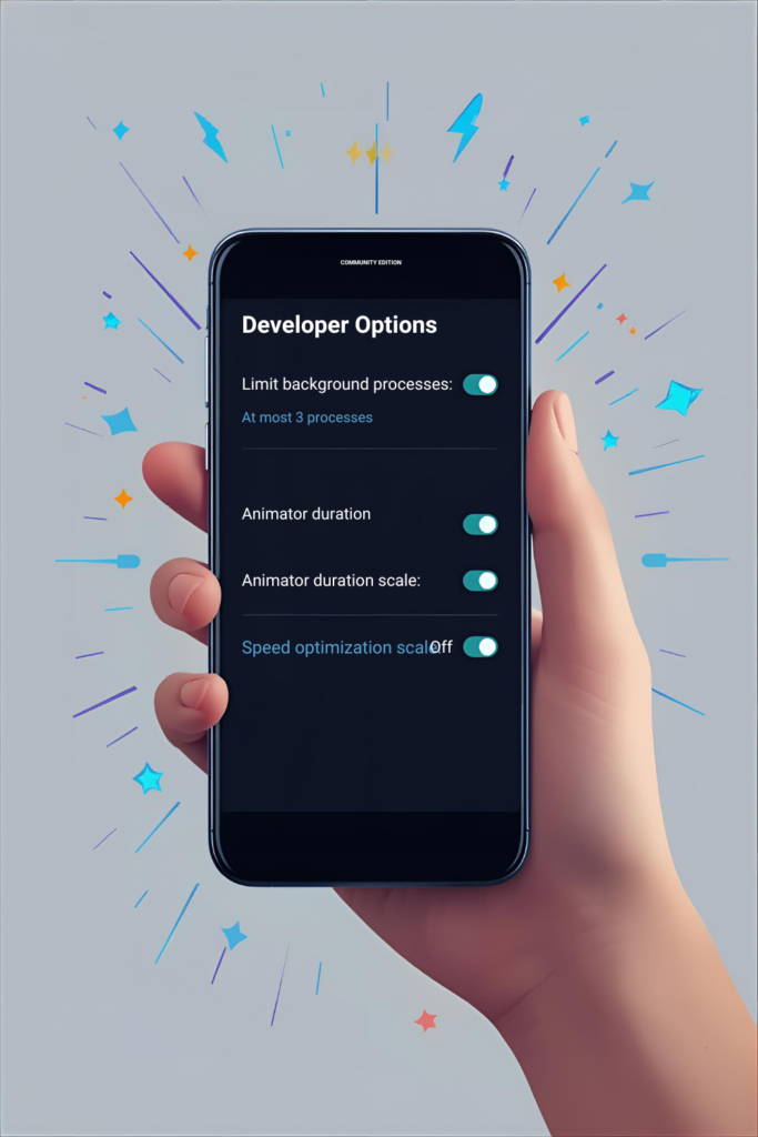 Android phone developer options screen with background process limits and animation settings for improved performance