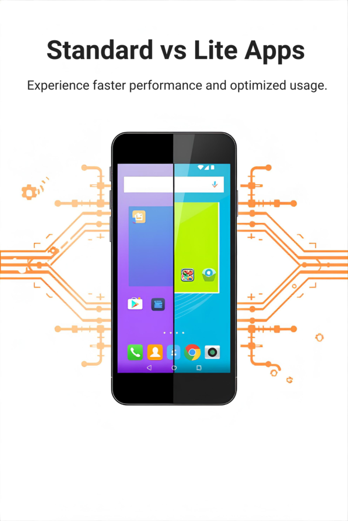 Comparison of Android phone running standard apps vs lite apps for smoother and faster performance