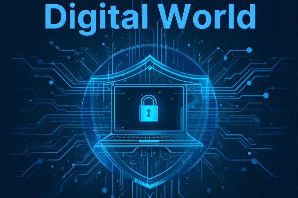 Cyber security concept showing digital devices protected by online security shield