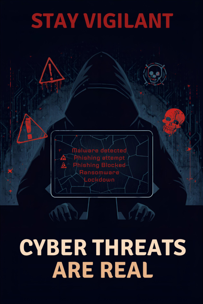 Common cyber security threats such as malware, phishing, and ransomware attacks