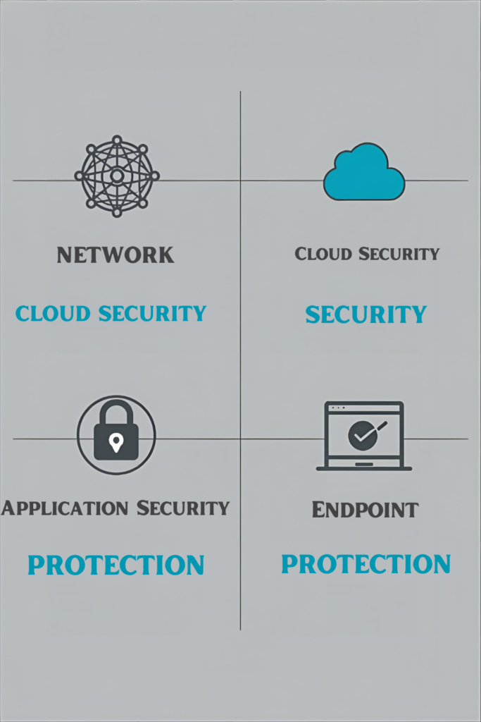 Types of cyber security including network, cloud, application, and endpoint security