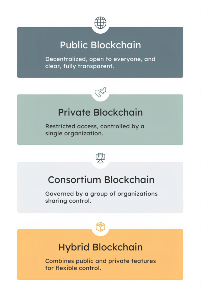 Types of blockchain technology including public, private, consortium, and hybrid blockchain