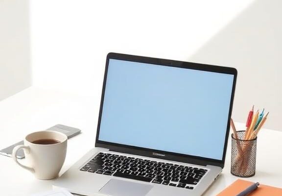 Apple MacBook Air M2 on a modern student desk with notebooks and coffee, bright natural light, minimalist study setup