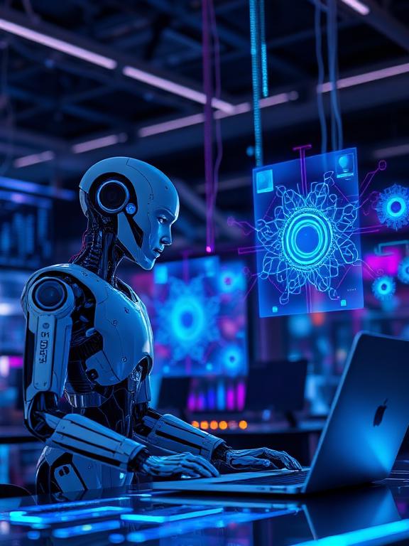 Human and artificial intelligence working together with holographic data and digital screens in a futuristic workspace