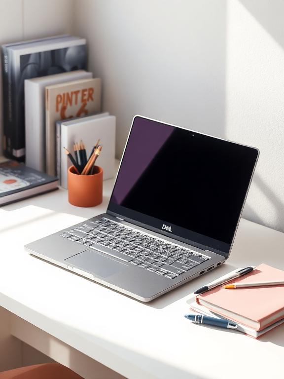 Dell XPS 13 on a minimalist student desk with textbooks and stationery, bright daylight, clean study space