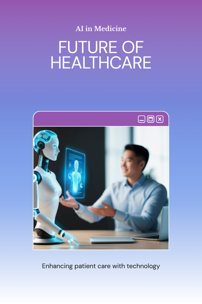 AI robot assisting a doctor in a modern hospital, analyzing digital medical charts and patient data in a high-tech healthcare environment.