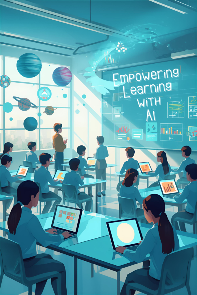 A modern classroom where AI-powered tools assist students and teachers, holographic displays showing interactive lessons, students using tablets with AI learning apps, a teacher guiding them with a smart AI assistant beside, futuristic and bright learning environment, digital charts and graphs floating in the air, collaborative and tech-forward educational setting.