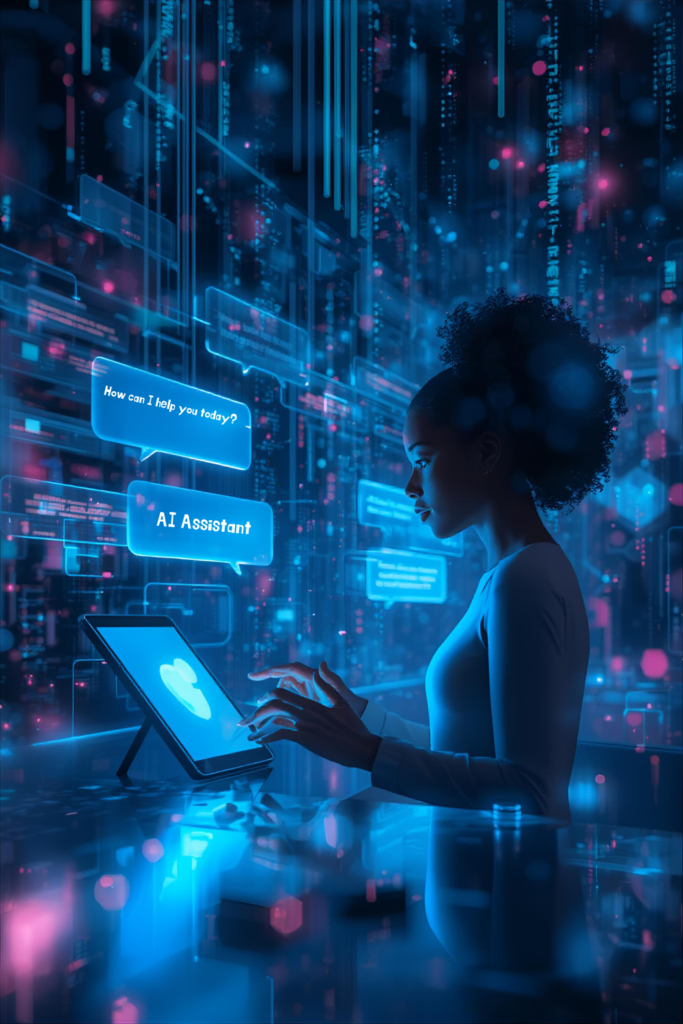 Human interacting with AI using natural language processing, with holographic text and digital speech interfaces in a high-tech environment.