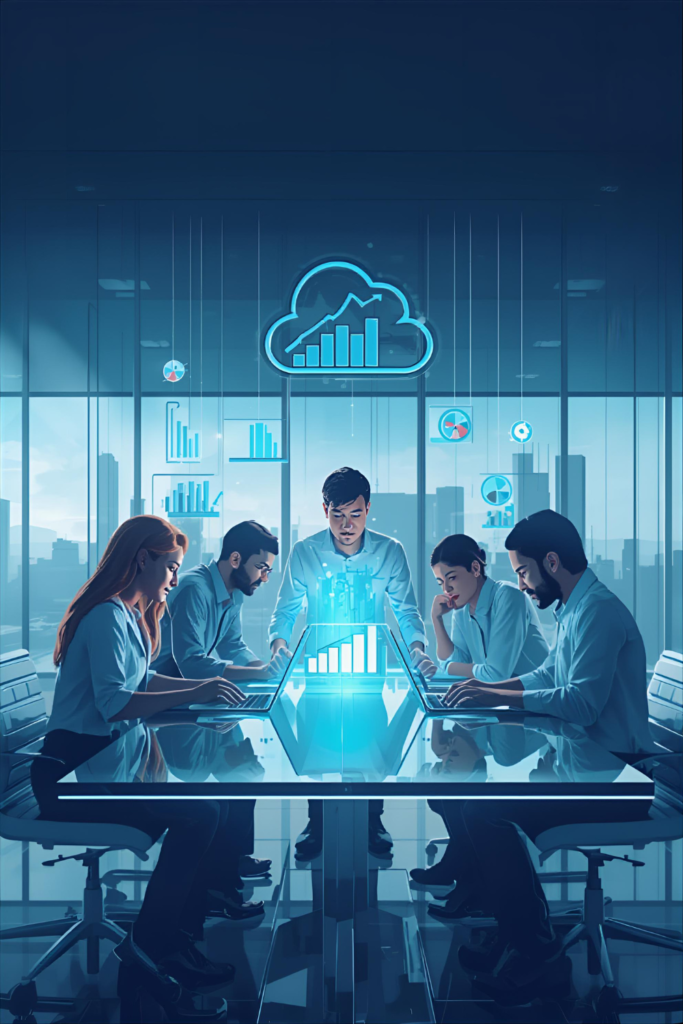 Professionals using digital tools and technology in a modern office, representing economic growth and job opportunities in the digital era.