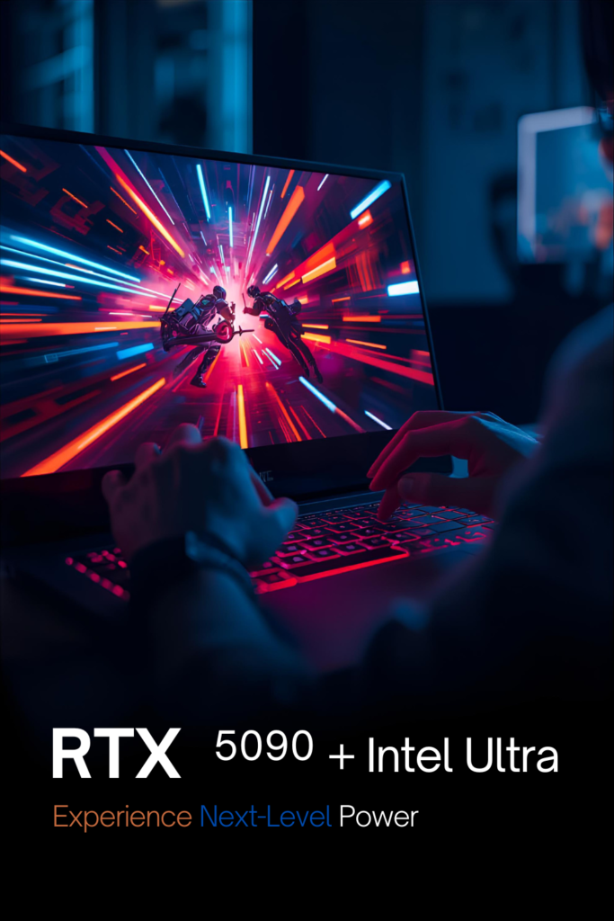 High-end gaming laptop 2026 in action with RTX 5090, backlit keyboard, and FPS counter visible on screen during fast-paced gaming.