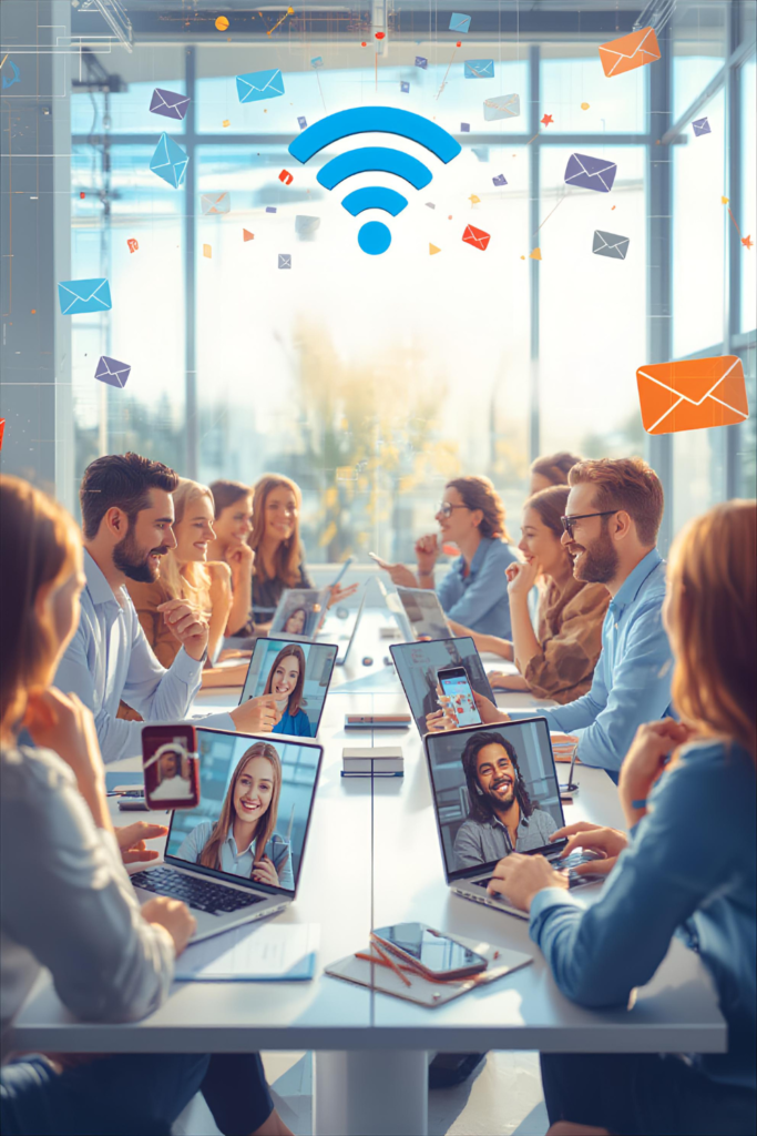 People using laptops, smartphones, and tablets for video calls and messaging, illustrating improved communication and connectivity through modern technology.