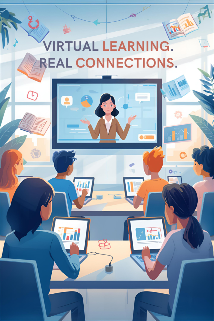 Students attending an online virtual classroom with laptops and tablets, illustrating advancements in education through modern technology.