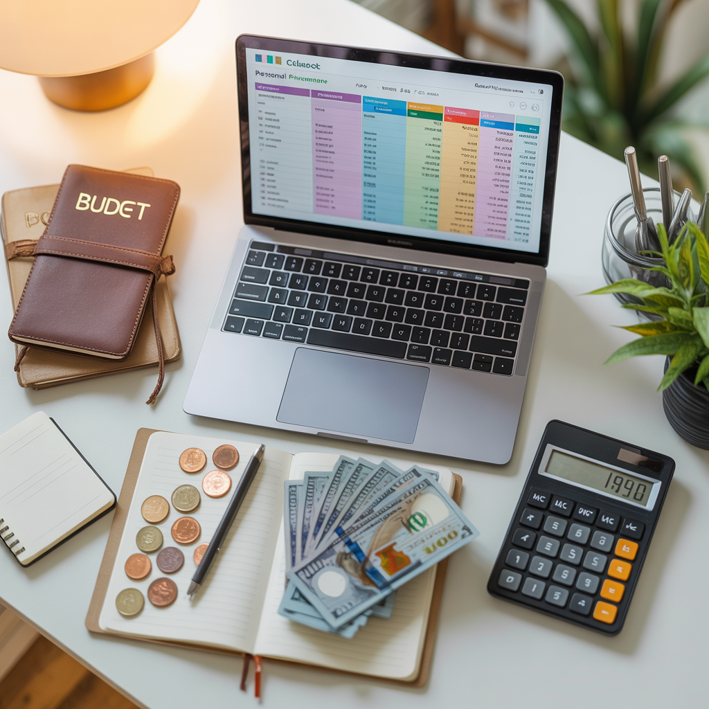 Workspace showing a laptop, notebook, calculator, and coins for budgeting and personal finance for beginners."