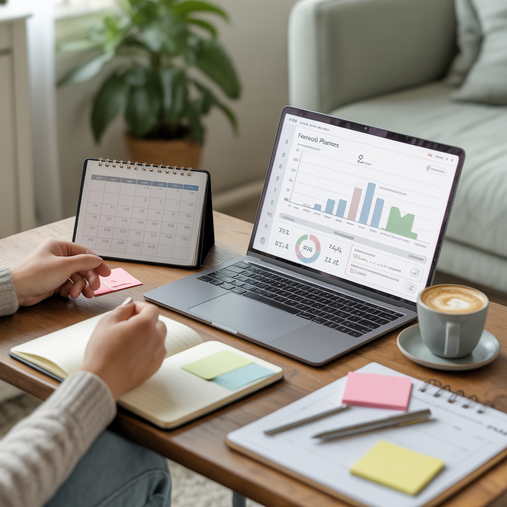 "Young adult planning personal finances at home with laptop, charts, and calendar, representing financial goals for beginners."