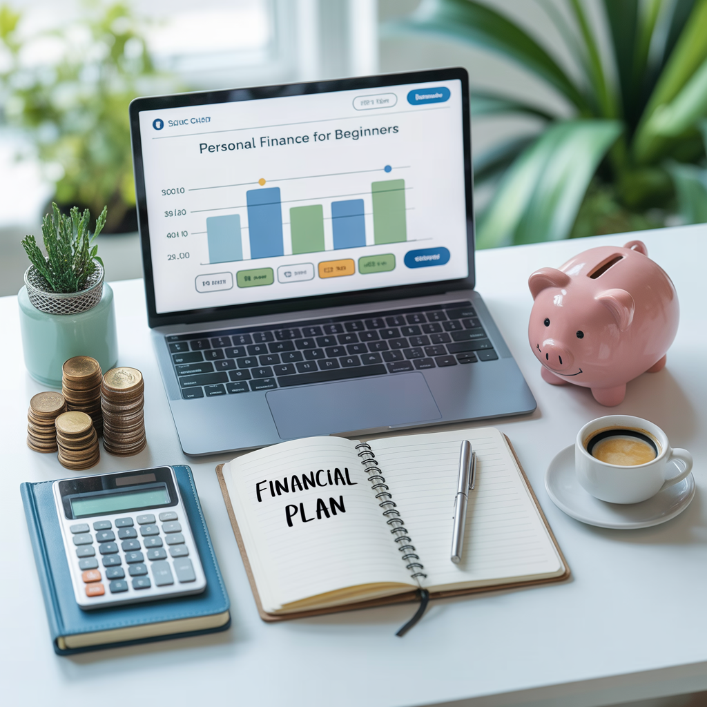 Personal finance for beginners concept showing laptop with budget chart, calculator, piggy bank, and financial planning notebook on desk."